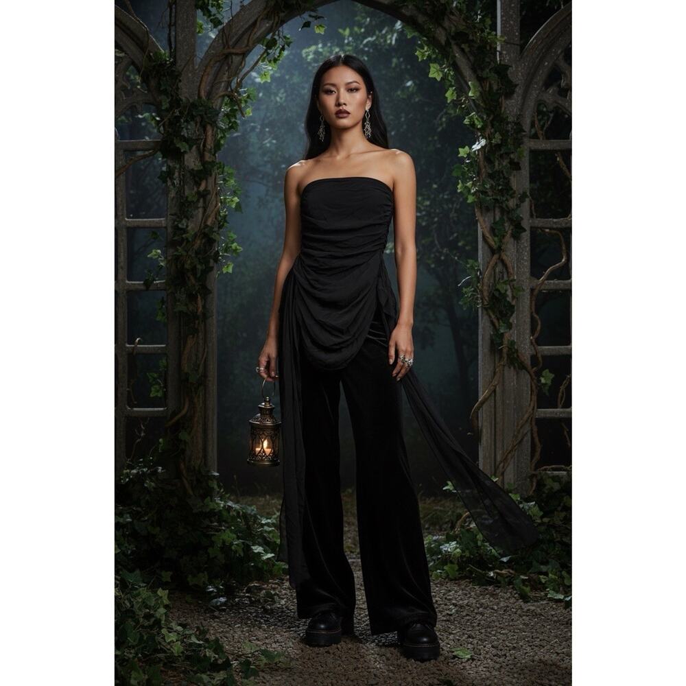 Musera Black Strapless‎ Whimsigoth Ethereal Goddess Draped Bodysuit Top Size XS